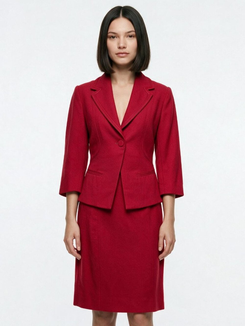 White House Black Market Red Suit Set, Blazer Jacket & Midi Skirt, Wool, Sz 0